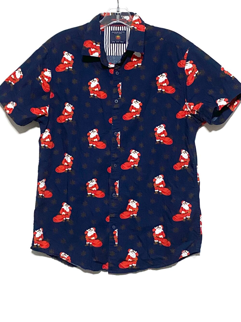 Denim & Flower Santa Clause AOP Christmas Button Shirt Mens M Festive Holidays